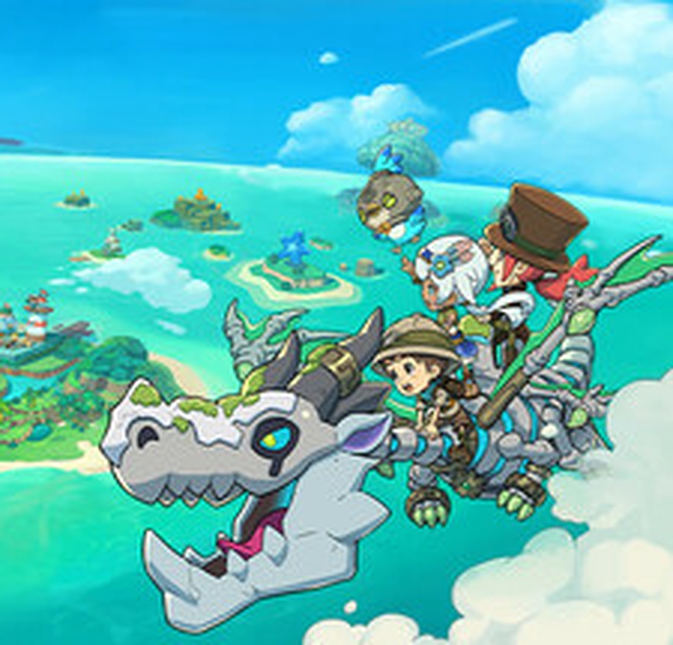 Fantasy Life i scene with adventuring characters riding a skeletal dragon over the islands
